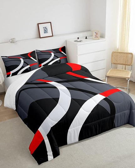 Geometric Circle Comforter Set Red Grey and Black Comforter for Kids Boys Girls Teens Geometry Bedding Set Breathable Abstract Art Duvet Set Modern Luxury Room Decor Quilt Set Full Size - LeafyLoom