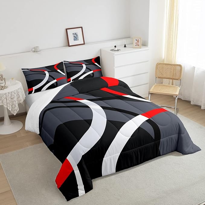 Geometric Circle Comforter Set Red Grey and Black Comforter for Kids Boys Girls Teens Geometry Bedding Set Breathable Abstract Art Duvet Set Modern Luxury Room Decor Quilt Set Full Size - LeafyLoom