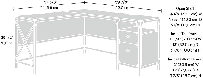 Sauder Steel River L-Shaped Desk, L: 59.84" x W: 57.32" x H: 29.53", Carbon Oak Finish - LeafyLoom