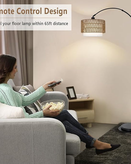 Arc Floor Lamp with Remote, Modern LED Floor Lamp with Dimmable Bulb, Boho Farmhouse Standing lamp with Fabric & Rattan Lampshades, Height Adjustable Black Tall Lamp for Living Room Bedroom - LeafyLoom