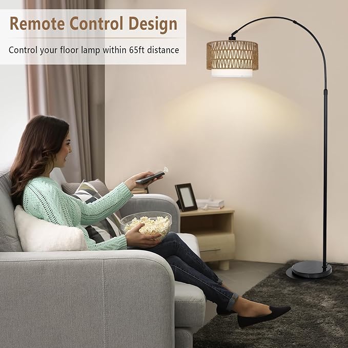 Arc Floor Lamp with Remote, Modern LED Floor Lamp with Dimmable Bulb, Boho Farmhouse Standing lamp with Fabric & Rattan Lampshades, Height Adjustable Black Tall Lamp for Living Room Bedroom - LeafyLoom