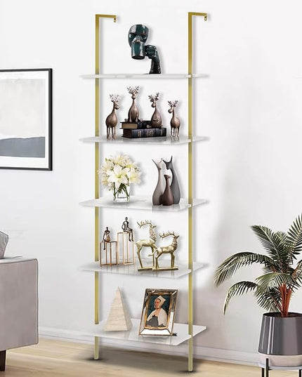 aboxoo Ladder Shelf White Marble Bookshelf 5-Tier Wall-Mounted Wood Rack Industrial Modern Plant Flower Stand Utility Organizer Open Bookcase Metal Frame Furniture Office Kitchen Bedroom - LeafyLoom