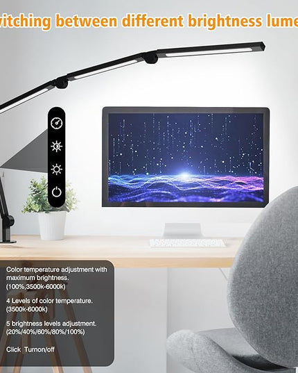 LED Desk Lamp with Clamp,Adjustable Swing Arm Desk Lamps for Home Office,Dimmable Tempering Eye Care Desk Light,Bright Modern Led Table Lamp for Nail Tech Architect,Flexible Tall Task Table Light - LeafyLoom