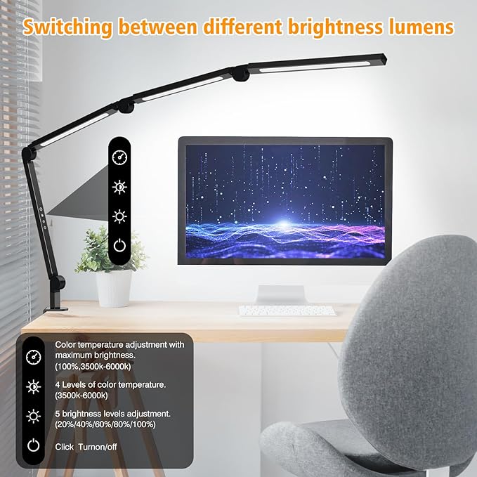LED Desk Lamp with Clamp,Adjustable Swing Arm Desk Lamps for Home Office,Dimmable Tempering Eye Care Desk Light,Bright Modern Led Table Lamp for Nail Tech Architect,Flexible Tall Task Table Light - LeafyLoom