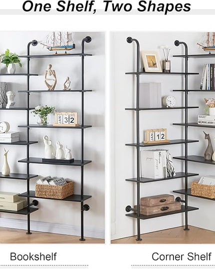HOMBAZAAR Bookshelf,10-Tier L Shaped, Industrial Double Wide Wall Mount, Modern Bookcase with Metal Frame and Wood, Industrial Corner Pipe Shelf for Living Room and Office, Black - LeafyLoom