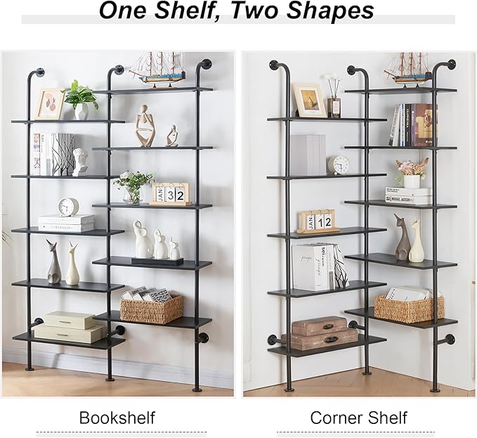 HOMBAZAAR Bookshelf,10-Tier L Shaped, Industrial Double Wide Wall Mount, Modern Bookcase with Metal Frame and Wood, Industrial Corner Pipe Shelf for Living Room and Office, Black - LeafyLoom