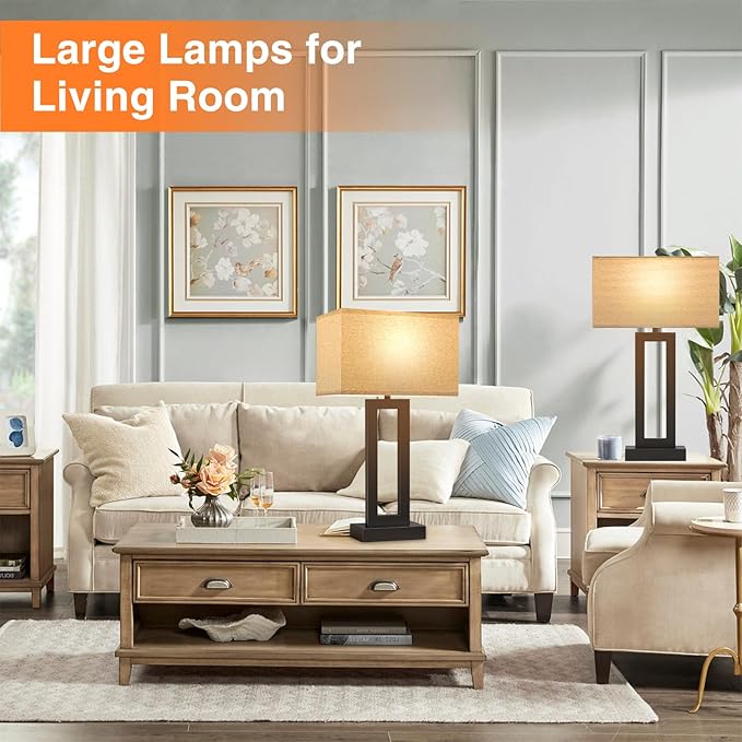 22" Tall Living Room Lamps for Night Stands - Touch Bedside Lamp with USB C+A, 3 Way Dimmable bedroom Lamps for End Tables Set of 2, Modern Night Stand Lamps for Bed Side(Beige&Black) - LeafyLoom