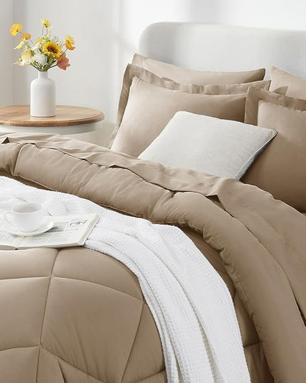 CozyLux Queen Comforter Set with Sheets 7 Pieces Bed in a Bag Taupe All Season Bedding Sets with Comforter, Pillow Shams, Flat Sheet, Fitted Sheet and Pillowcases - LeafyLoom