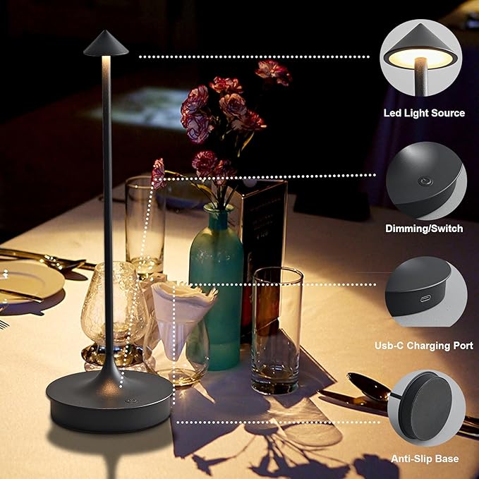 Cordless Table Lamps Rechargeable, LED Desk Lamp 4000mAh Battery Operated Outdoor Waterproof Portable Touch Dimmable Table Light for Patio/Restaurant/Bar/Indoor (Black-2PC) - LeafyLoom