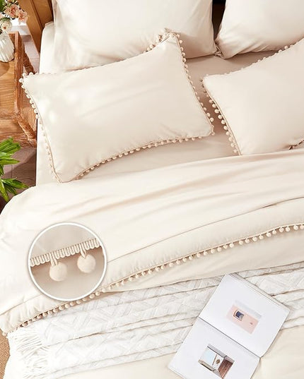 Anluoer Queen Comforter Set 7 Piece, Beige Bed in a Bag with Sheets, Pom Pom Boho Bedding Comforter Sets with 1 Comforter, 2 Pillow Shams, 2 Pillowcases, 1 Flat Sheet, 1 Fitted Sheet - LeafyLoom