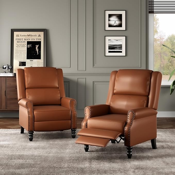 STARY Faux Leather Pushback Recliner Chair for Living Room Bedroom RV, Yellow Brown - LeafyLoom