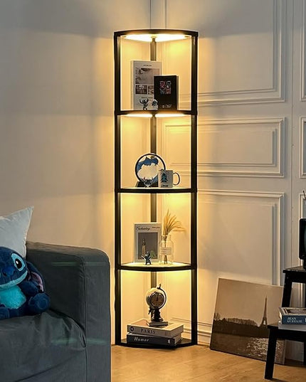 FENLO Fantasy Edge Pro - 66" Glass LED Corner Shelf Lamp with Adjustable Color Range (2700K-6000k), Dimmable Corner Floor Lamp with Shelves, Remote/App Control, On/Off Light Timer - LeafyLoom