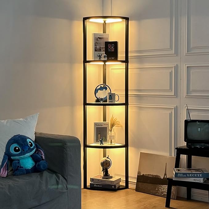 FENLO Fantasy Edge Pro - 66" Glass LED Corner Shelf Lamp with Adjustable Color Range (2700K-6000k), Dimmable Corner Floor Lamp with Shelves, Remote/App Control, On/Off Light Timer - LeafyLoom