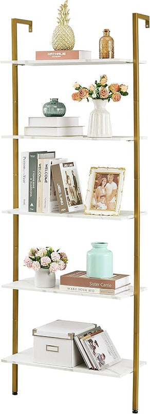 Tajsoon 5-Tier Ladder Shelf, Large Wall Mount Bookshelf with Metal Frame, Open Display Shelves for Living Room, Bedroom, Home, Plant Flower, White & Gold - LeafyLoom