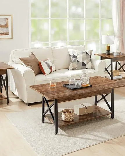 GreenForest Coffee Table with Storage, 39inch Modern Coffee Tables for Living Room, X-Frame Design Farmhouse Coffee Table Space Saving Living Room Tables, Easy Assembly, Walnut - LeafyLoom