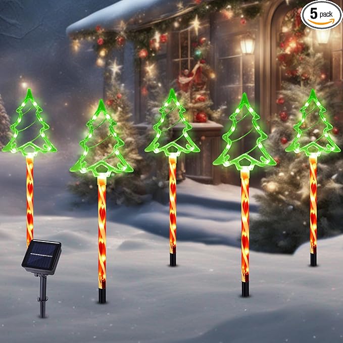 Solar Christmas Pathway Lights Outdoor Decorations, 8 Modes Xmas Tree Candy Lights Waterproof Led Garden Stake Lights for Walkway Yard Lawn Porch Holiday Decor 5-Pack (Red Green Xmas Tree Lights) BRIGHTDECK