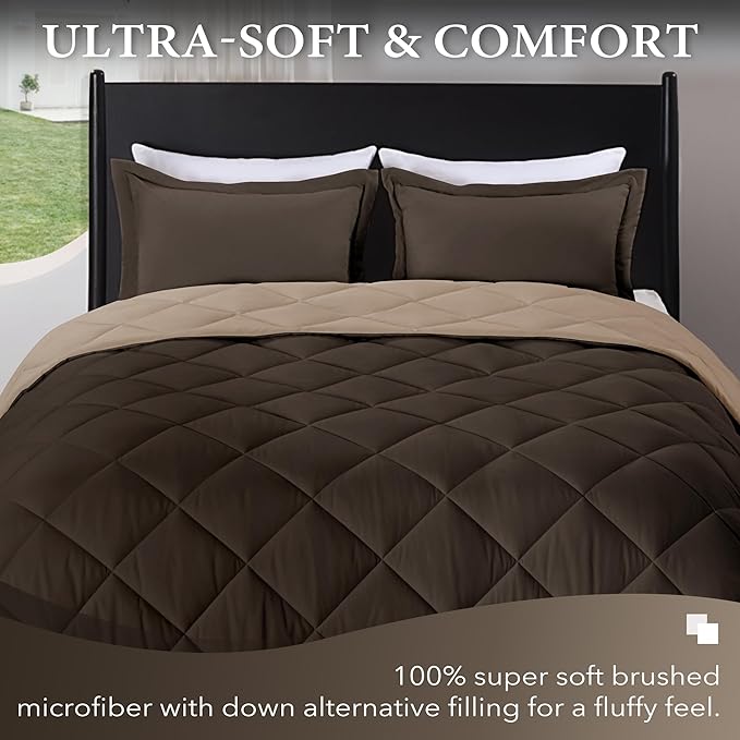 downluxe Queen Comforter Set - Brown and Tan Queen Comforter, Soft Bedding Sets for All Seasons -3 Pieces - 1 Comforter (88"x92") and 2 Pillow Shams(20"x26") - LeafyLoom