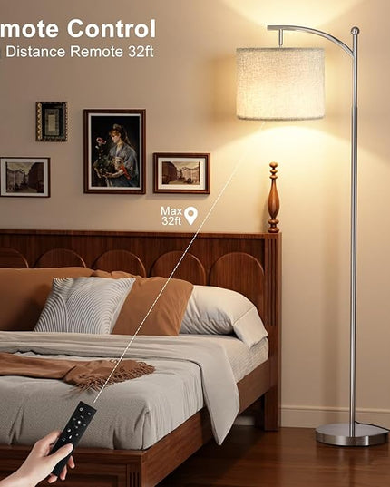 Ambimall Floor Lamp with Remote Control and Stepless Dimmable Bulb, Colors Temperature & Brightness Adjustable, Modern Floor Lamps for Living Room（Grey Shade & Silver Pole） - LeafyLoom