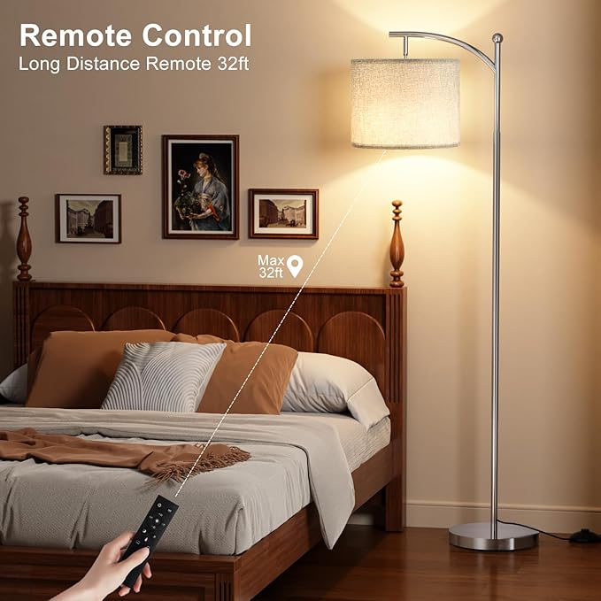 Ambimall Floor Lamp with Remote Control and Stepless Dimmable Bulb, Colors Temperature & Brightness Adjustable, Modern Floor Lamps for Living Room（Grey Shade & Silver Pole） - LeafyLoom