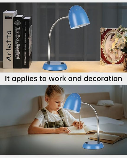 Eye-Caring Table Lamp of Simple Designs Home E26 Led Screw Basic Metal Desk Lamp with Flexible Gooseneck Hose Neck Study Lamp for Bedroom Office Living Room Convenient On/Off Switch (Light Blue) - LeafyLoom