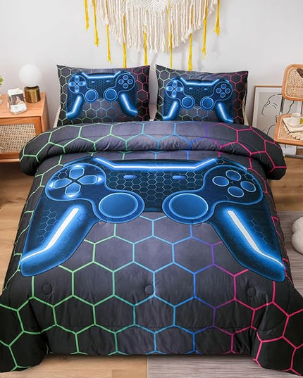NTBED Game Console Comforter Set for Boys Girls Kids 3D Gaming Geometric Lightweight Microfiber Bedding Sets (Multi, Full) - LeafyLoom