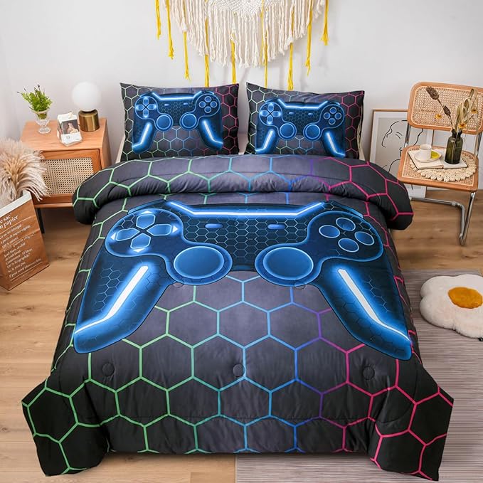 NTBED Game Console Comforter Set for Boys Girls Kids 3D Gaming Geometric Lightweight Microfiber Bedding Sets (Multi, Full) - LeafyLoom