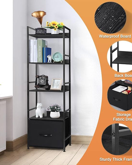 5 Tier Bookshelf with Storage, Bookcase with Drawers, Storage Shelves for Living Room / Home Office, Wood Shelves & Metal Shelf Organizer, Book Shelf for Bedroom, Tall & Ladder Bookshelf, Black - LeafyLoom