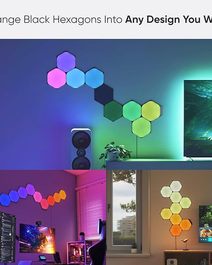Nanoleaf Shapes WiFi and Thread Smart RGBW 16M+ Color LED Dimmable Gaming and Home Decor Wall Lights Smarter Kits (Black Hexagons Smarter Kit (9 Pack)) NANOLEAF