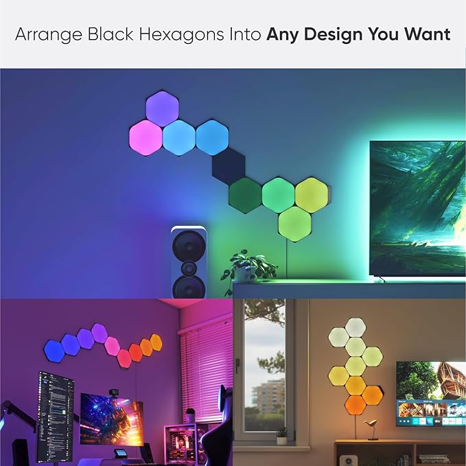 Nanoleaf Shapes WiFi and Thread Smart RGBW 16M+ Color LED Dimmable Gaming and Home Decor Wall Lights Smarter Kits (Black Hexagons Smarter Kit (9 Pack)) NANOLEAF