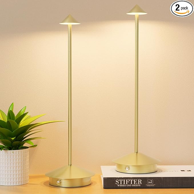 2-Pack 6000mAh Rechargeable LED Table Lamps,Outdoor Cordless Table Lamp Waterproof Portable, 3-Color Stepless Dimmable Modern Lamp for Restaurant/Bedroom(Gold) - LeafyLoom