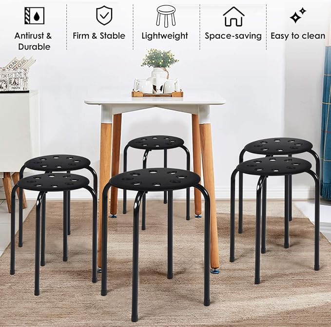 Hysache Plastic Stackable Stools Set of 6, 17.5" Multipurpose Stool Chairs w/Metal Frame, X-Shape Connection, Non-Slip Feet, Backless School Classroom Nesting Stool for Students Child Kids (Black) - LeafyLoom