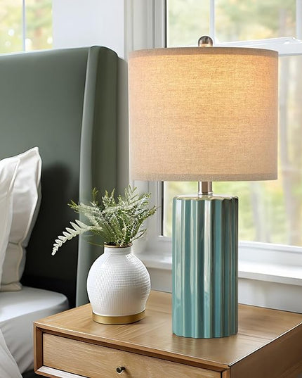 Oneach 21'' Farmhouse Ceramic Table Lamp Set of 2 for Bedroom Living Room House Decor Deep Blue Desk Lamps Home Office Dorm Rustic Modern Style Lamp - LeafyLoom