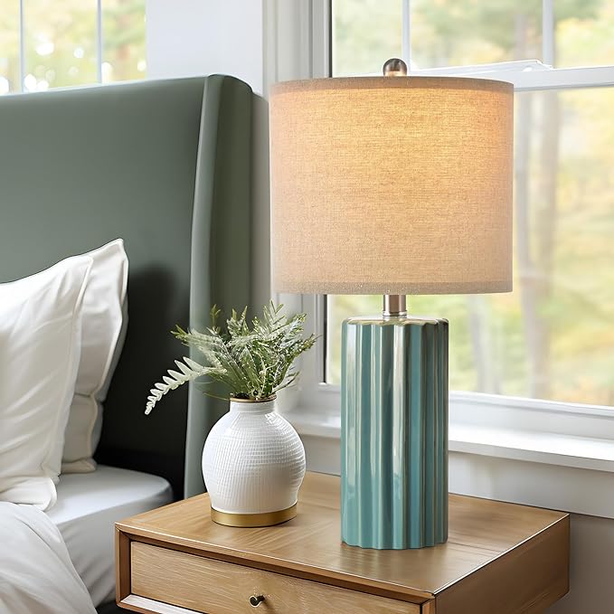 Oneach 21'' Farmhouse Ceramic Table Lamp Set of 2 for Bedroom Living Room House Decor Deep Blue Desk Lamps Home Office Dorm Rustic Modern Style Lamp - LeafyLoom