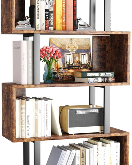 Yusong Geometric Bookcase, S Shaped Bookshelf 6-Tier Book Shelves for Bedroom, Modern Wood Decorative Display Shelf Tall Book Case for Home Office, Bown and Black - LeafyLoom