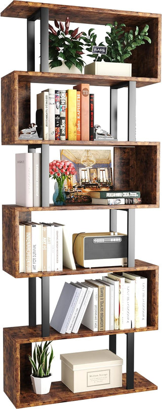 Yusong Geometric Bookcase, S Shaped Bookshelf 6-Tier Book Shelves for Bedroom, Modern Wood Decorative Display Shelf Tall Book Case for Home Office, Bown and Black - LeafyLoom