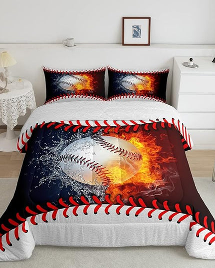 Erosebridal Baseball Comforter Set Kids Baseball Queen Bedding Set for Teen Boys Sports Games Bedding Comforter Sets Red Blue Water Fire Quilted Duvet Sport Theme Bedroom Dorm Decor 2 Pillowcases - LeafyLoom