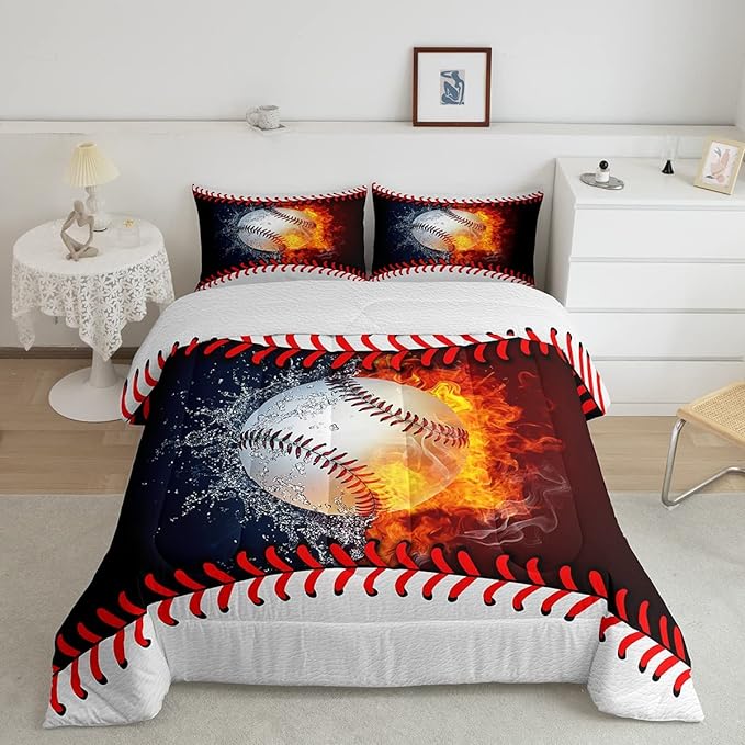 Erosebridal Baseball Comforter Set Kids Baseball Queen Bedding Set for Teen Boys Sports Games Bedding Comforter Sets Red Blue Water Fire Quilted Duvet Sport Theme Bedroom Dorm Decor 2 Pillowcases - LeafyLoom