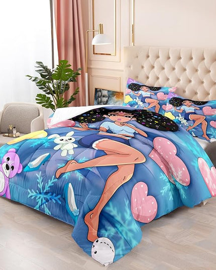 Black Girl Comforter Set - Full Size Comforter Set for Girls Bedroom Decor African American Girl Bedding Set Blue Full Quilt Set with 2 Pillowcases Kids Comforter Sets Gifts for Girls Kids Teens - LeafyLoom