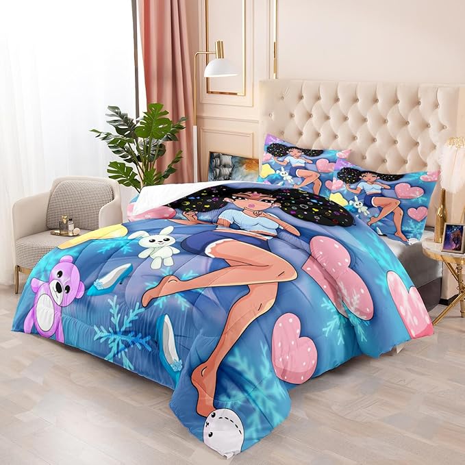 Black Girl Comforter Set - Full Size Comforter Set for Girls Bedroom Decor African American Girl Bedding Set Blue Full Quilt Set with 2 Pillowcases Kids Comforter Sets Gifts for Girls Kids Teens - LeafyLoom