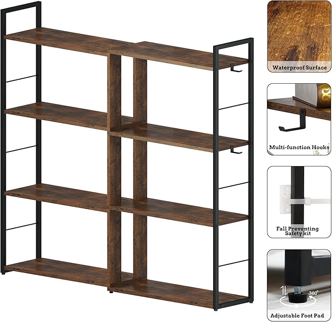 Corner Book Shelf 4 Tier Industrial BookShelf L Shaped Adjustable Bookcase Office Shelves Vintage Wooden Bookshelves for Living Room Bedroom library Rustic Brown - LeafyLoom