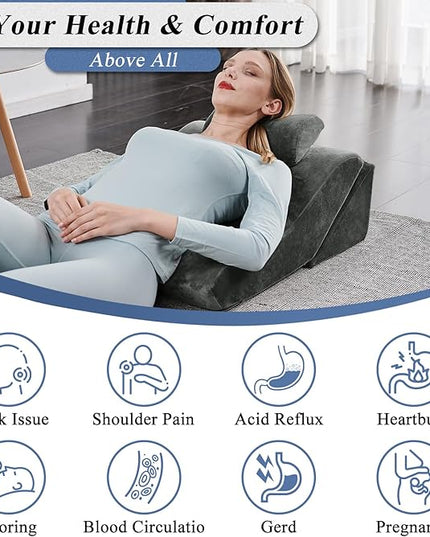 Axelrod Bed Wedge Pillow Set Foam | Adjustable Pillows for Back, Leg and Knee Pain Relief | Post Surgery Ortho Pillow – Anti Snoring, Heartburn, Acid Reflux & GERD- Dark Grey - LeafyLoom