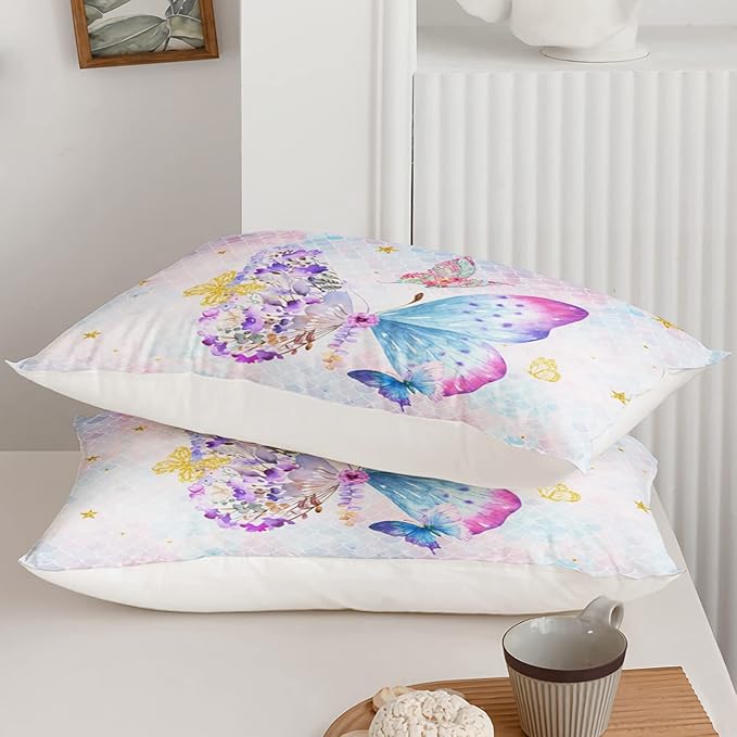 Axolotl Butterfly Bedding Queen,Rainbow Butterfly Comforter Set for Girls Teens,Butterfly Bedding for Girls with Golden Star Scales Pattern,Butterfly Printed Quilt Set with 1 Comforter 2 Pillowcases - LeafyLoom