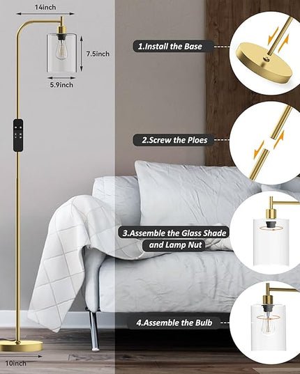 PAZZO LED Floor Lamp, Industrial Standing Lamp with Glass Lampshade, Ideal for Living Room, Bedroom, and Office,Gold(includes Remote Control) - LeafyLoom