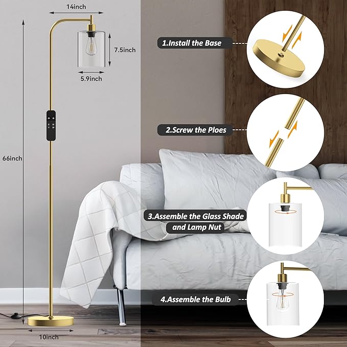 PAZZO LED Floor Lamp, Industrial Standing Lamp with Glass Lampshade, Ideal for Living Room, Bedroom, and Office,Gold(includes Remote Control) - LeafyLoom