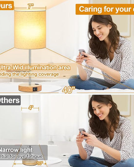 𝟮𝟬𝟮𝟯 𝗡𝗘𝗪 Touch Wood Table Lamps Set of 2, Bedroom Lamps with 2 USB & AC Outlet, 3-Way Dimmable Bedside Nightstand Lamps for Bedroom Living Room Nursery, 800 Lumens 2700K Bulbs Included - LeafyLoom