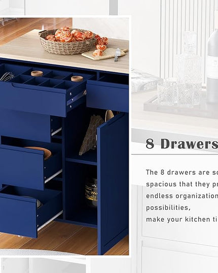 Kitchen Island on Lockable Wheels, Mobile Kitchens Cart with Rubber Wood Countertop, w/Drawer and Storage Cabinet for Dining Room, Bar - LeafyLoom