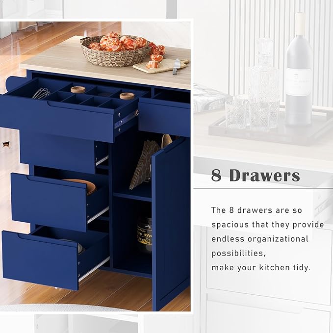Kitchen Island on Lockable Wheels, Mobile Kitchens Cart with Rubber Wood Countertop, w/Drawer and Storage Cabinet for Dining Room, Bar - LeafyLoom
