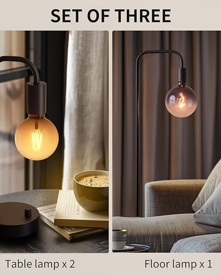 Industrial Lamp Set 3 Piece-1 Floor Lamp and 2 Dimmable Table Lamp- 3 Pack Modern Matching Floor and Table Lamp with Gradient Black Globe Bulb for Living Room,Bedroom(Bulb Included) - LeafyLoom