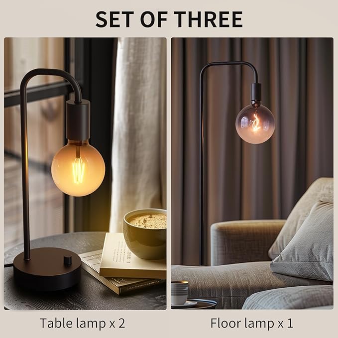 Industrial Lamp Set 3 Piece-1 Floor Lamp and 2 Dimmable Table Lamp- 3 Pack Modern Matching Floor and Table Lamp with Gradient Black Globe Bulb for Living Room,Bedroom(Bulb Included) - LeafyLoom