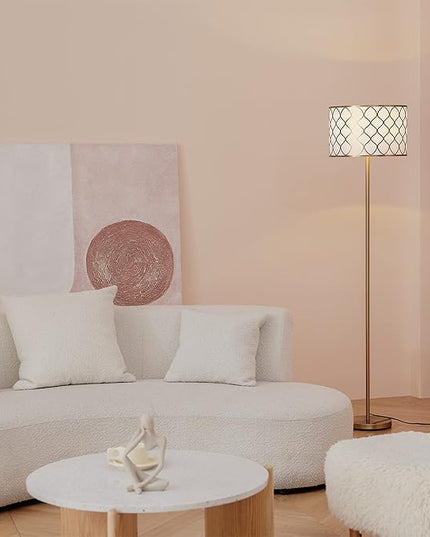 Globe Electric Novogratz x 65787 Kinsley 65" Floor Lamp, Matte Brass, Metal Mesh Over Cotton Shade - LeafyLoom